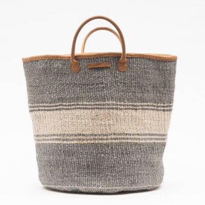PORINI: Slate Blue and Natural Stripe Woven Laundry Basket