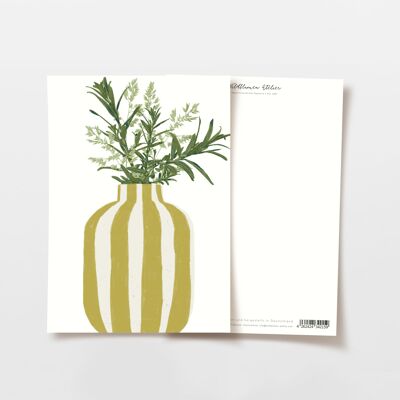 Cartolina con vaso a strisce gialle e rami di olivello spinoso, certificato FSC