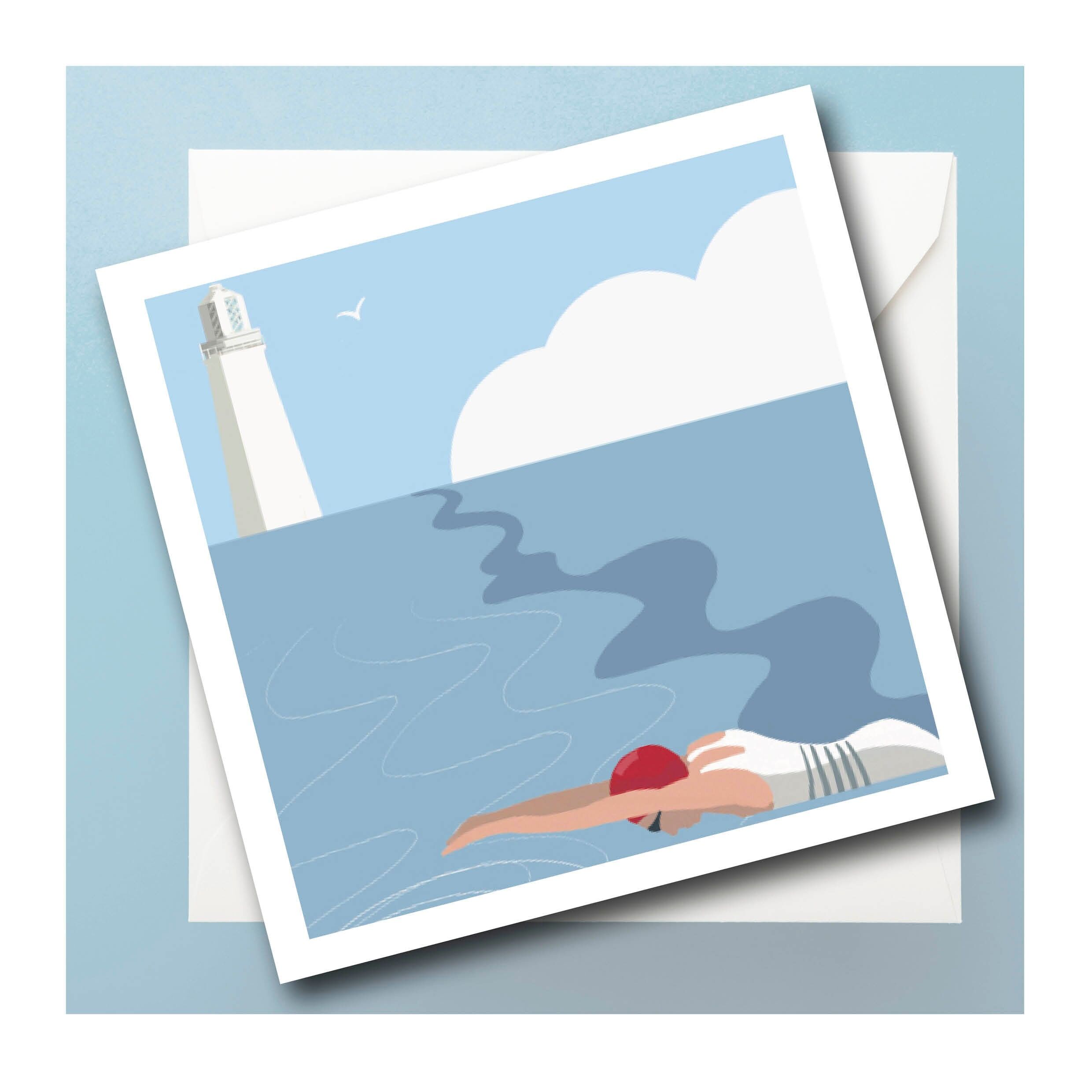 Biglietto d'auguri personalizzato "Faro e nuotatore"