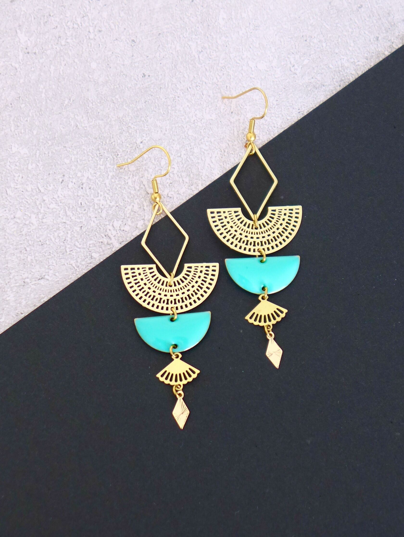 Boucles d'oreilles graphiques Art Déco Dorées et turquoise
