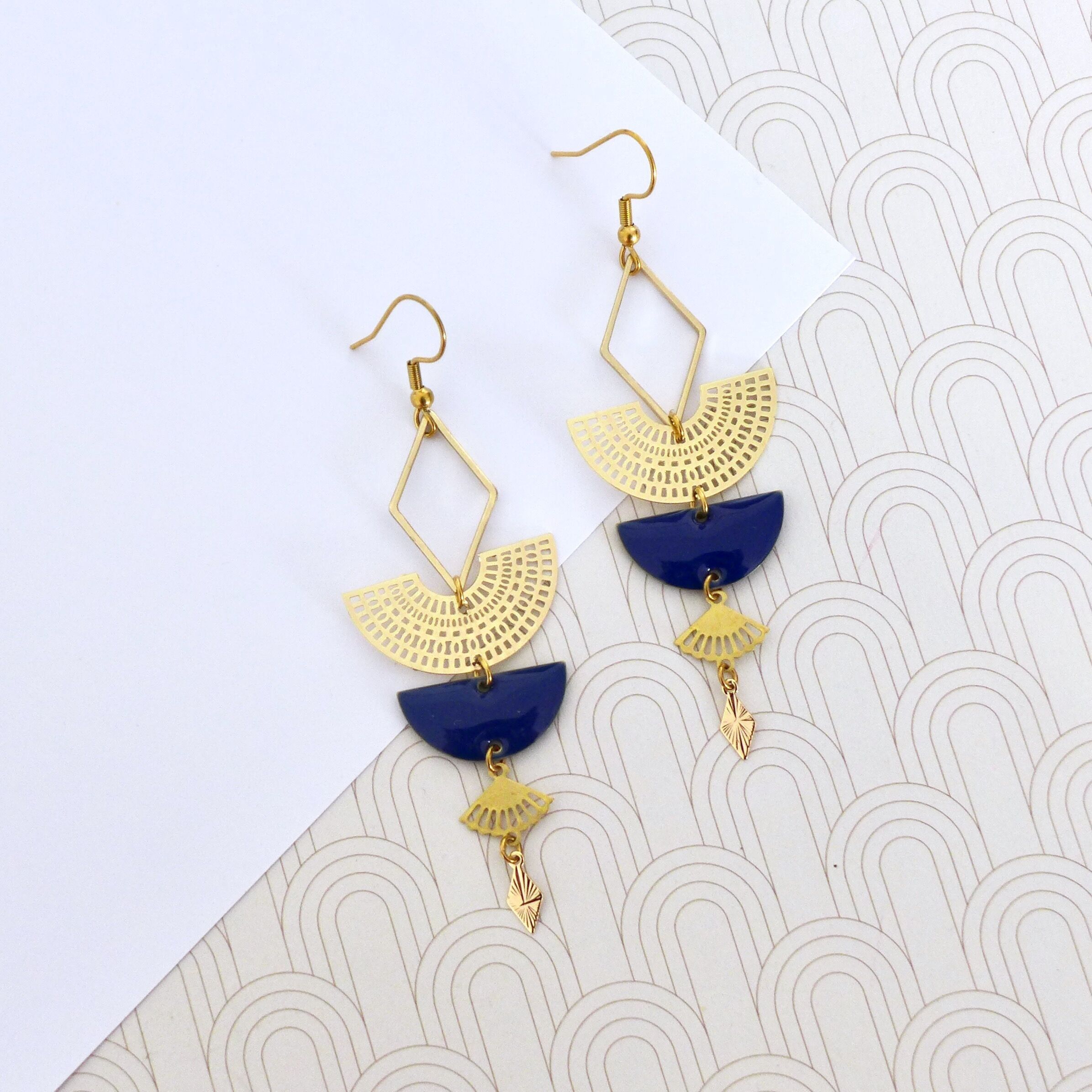 Boucles d'oreilles graphiques Art Déco Dorées et bleu