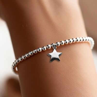 Pulsera de cuentas de plata con forma de estrella para mujeres y niños