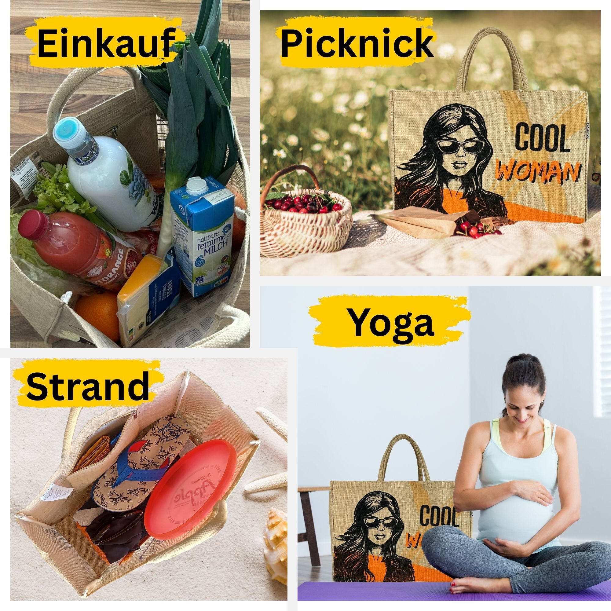Domelo große Jute Einkaufskorb, 100% Vegane Einkaufstasche/ Handtasche Strandtasche Badetasche Jutetasche Tragetasche Cool Woman