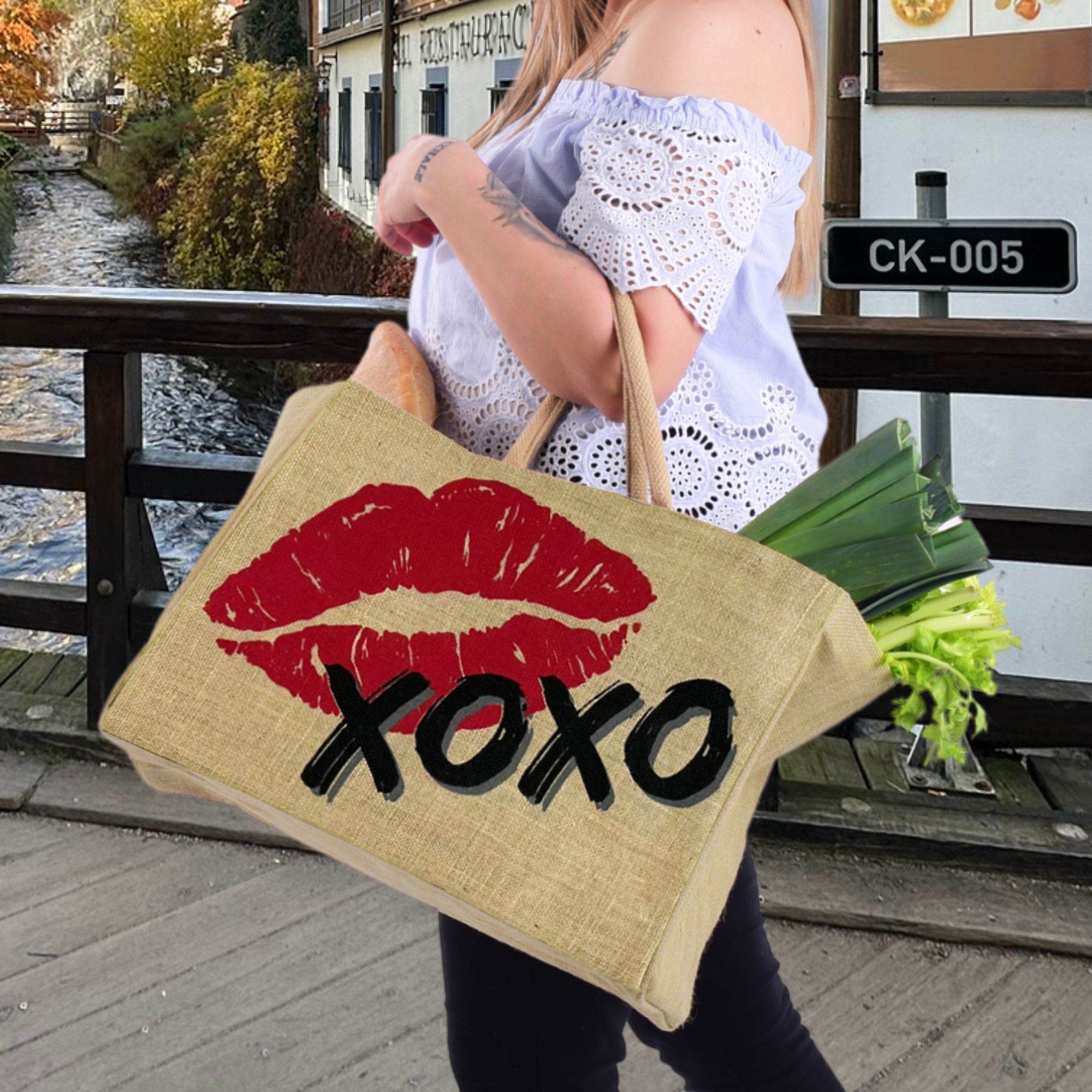 Domelo große Jute Einkaufskorb, 100% Vegane Einkaufstasche/ Handtasche Strandtasche Badetasche Jutetasche Tragetasche Kiss