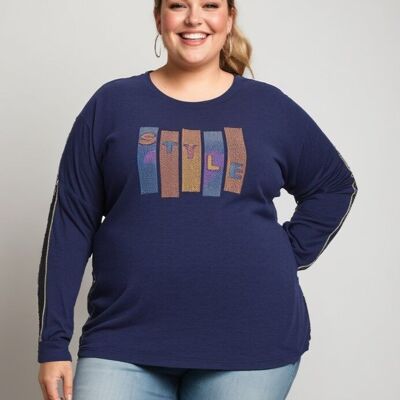 Plus Size Blue Rhinestone T-Shirt with Split Sleeves (C6603)