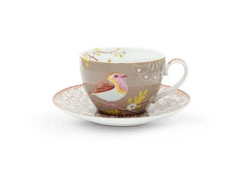 Paire tasse à thé Floral2 Oiseau Kaki - 28cl