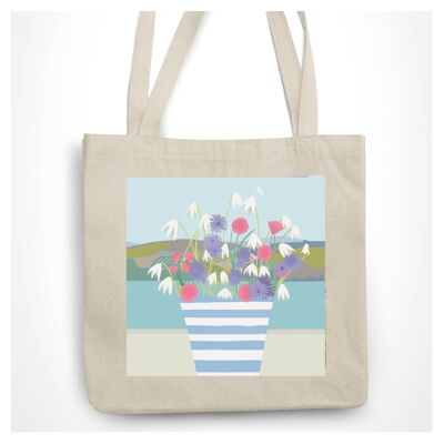 Borsa tote personalizzabile a righe con vaso di fiori