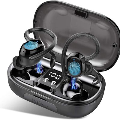 Auriculares deportivos inalámbricos TrueBuds RUN PRO: batería de 100 horas, carga rápida, Bluetooth 5.0, Cancelación de ruido, Estuche de carga transparente - Negro
