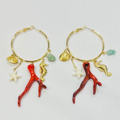 Boucles oreilles creoles acier pendentifs corail coquillages