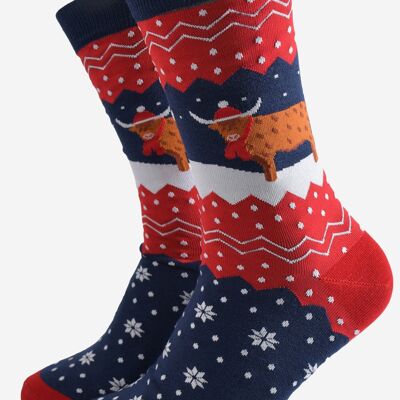 Calzini da uomo in bambù - Blu navy/Rosso, Natale Inverno Highland Cow