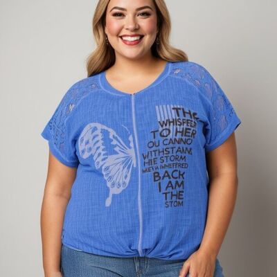 Plus size T-shirt with pattern and inscriptions (C8010/BLUE)