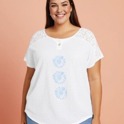 Plus size T-shirt with pattern and lace (C8011/WHITE)