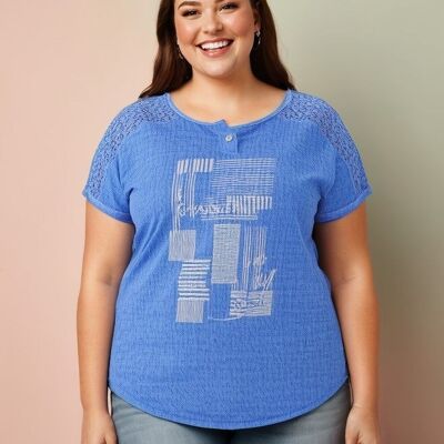 Plus size T-shirt with pattern and lace (C8011/BLUE)