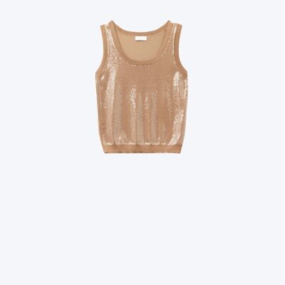 Camel sleeveless knitted sweater with sequins
