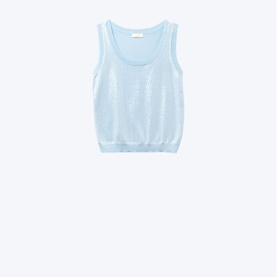 Blue sleeveless knitted sweater with sequins