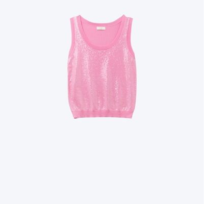 pink sleeveless knitted sweater with sequins