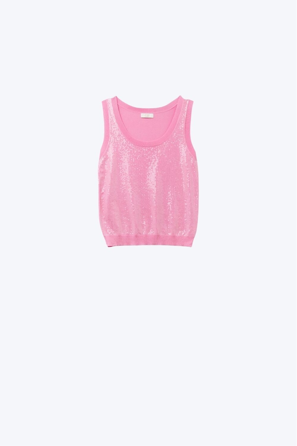 maglione rosa senza maniche lavorato a maglia con paillettes