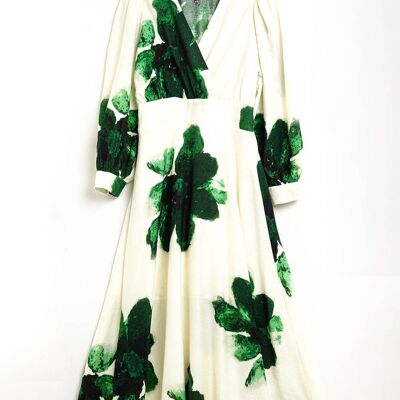 Beige wrap maxi dress with green tropical floral print and long sleeves