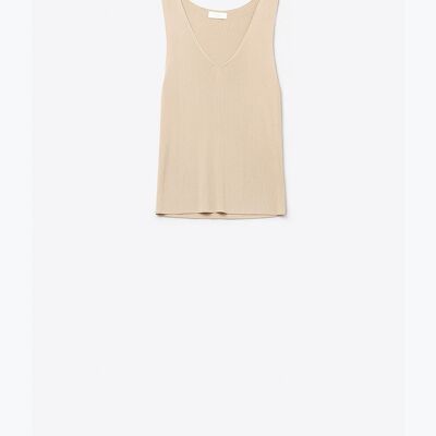 Camel sleeveless fine knitted top With V-Neck