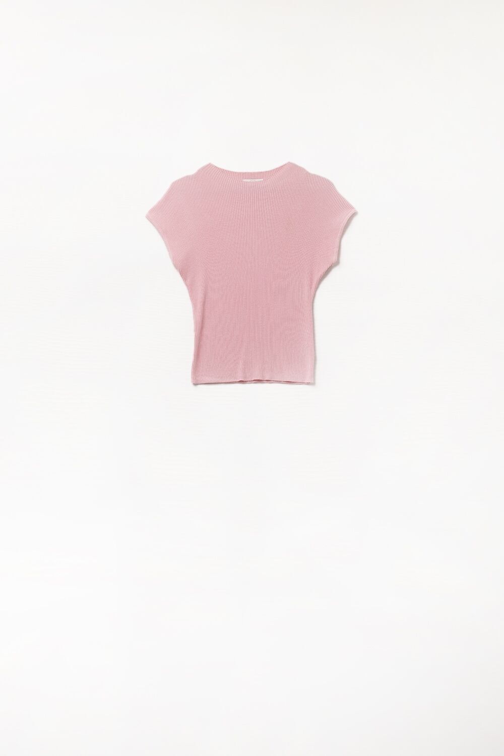 Maglione a coste con collo alto e maniche corte in rosa cipria