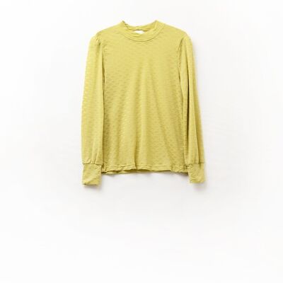 green lace top with high neck and cuff detail