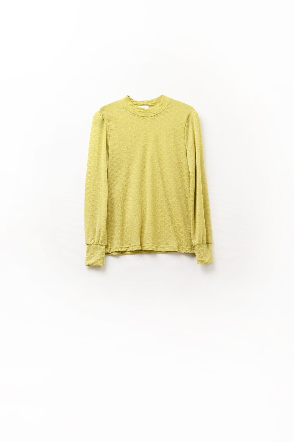 green lace top with high neck and cuff detail