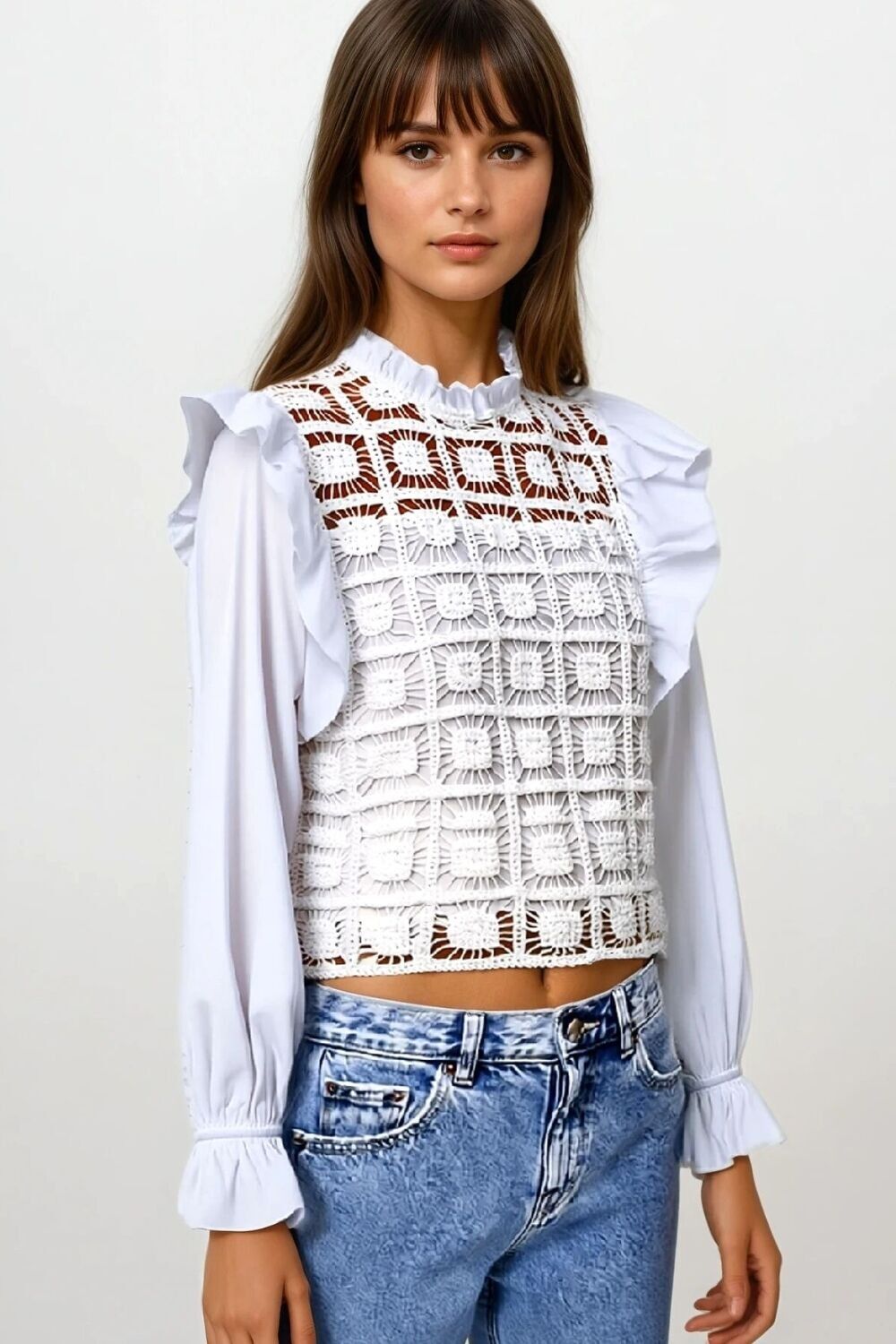 white Crochet Top with Ruffle Trim and long sleeves