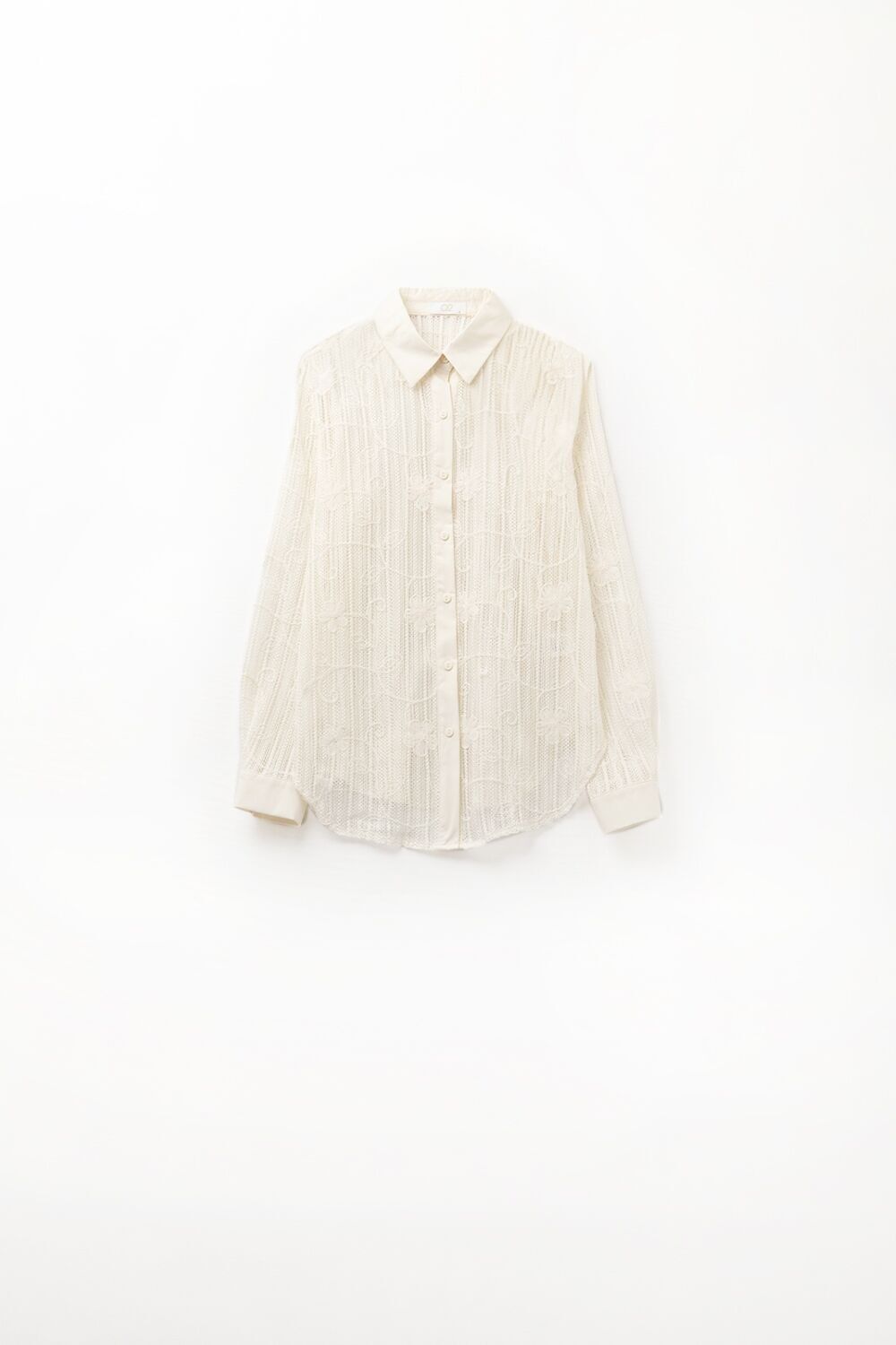 camicia beige all'uncinetto con dettagli ricamati