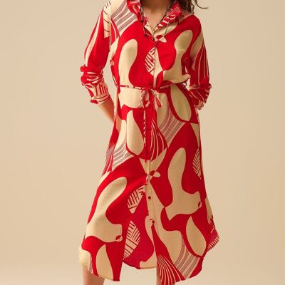 abstract print button-down dress in red