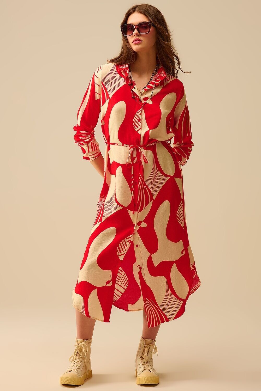 abstract print button-down dress in red