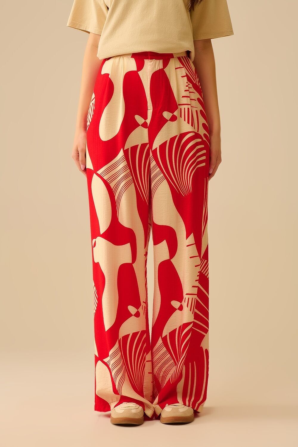 Red abstract print wide-leg trousers