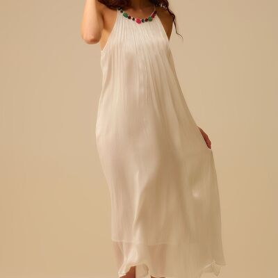 White Pleated Halter long Dress with Beaded Neckline