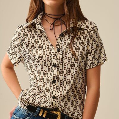 Beige Short-sleeved Chain Print Polo Shirt