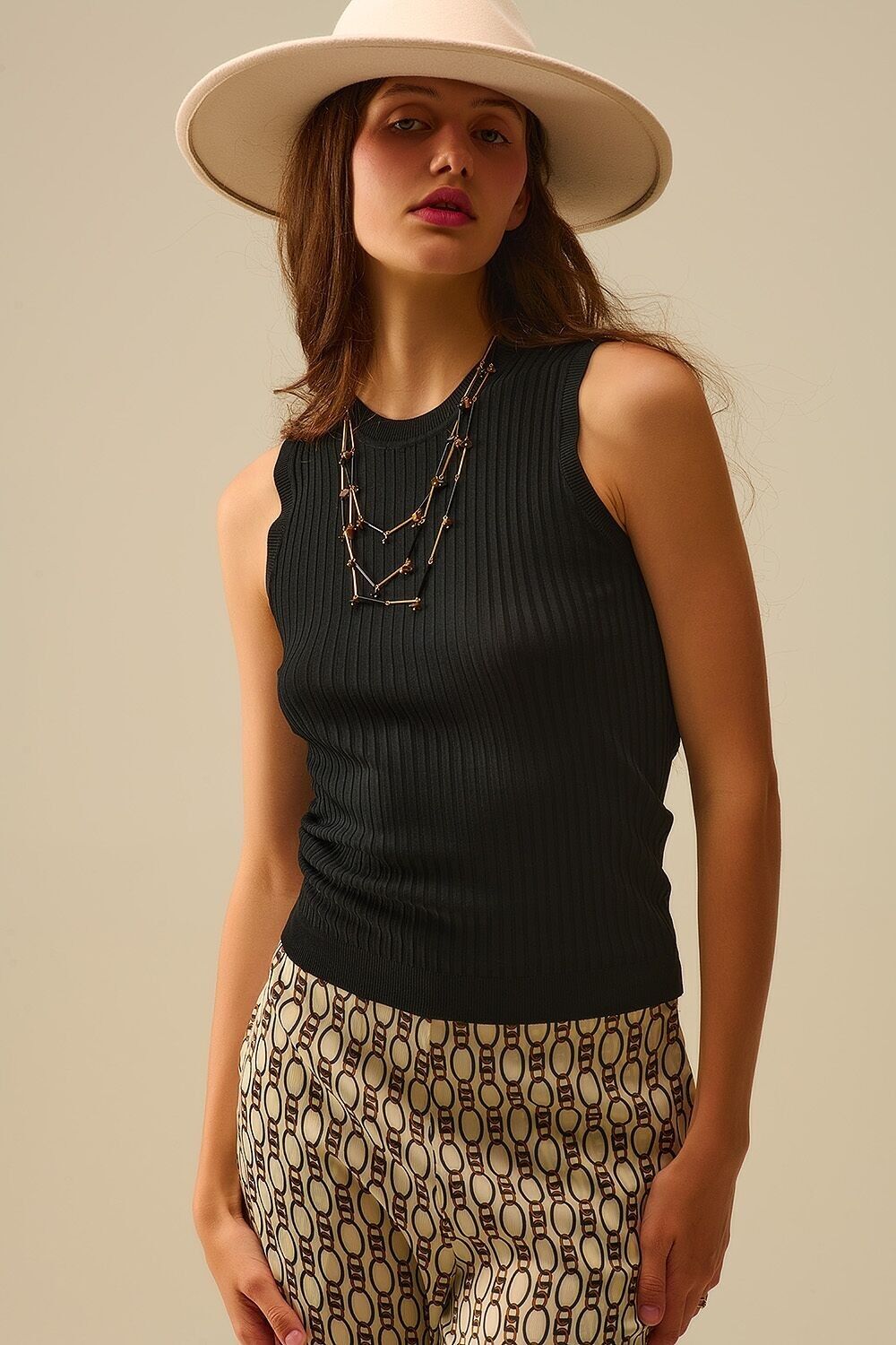 Black Sleeveless Ribbed Knit Top