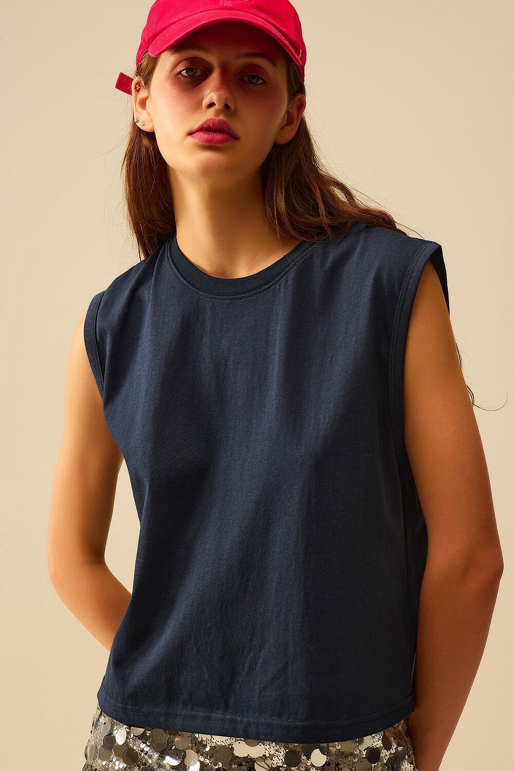 Navy Sleeveless cotton T-shirt