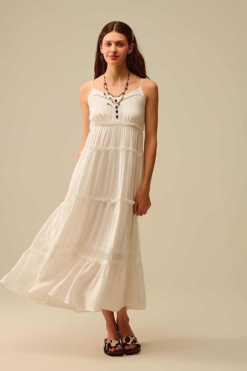 Tiered Maxi Dress with Lace Inserts in White