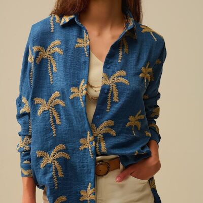 Blue Shirt with beige Palm Tree Embroidery