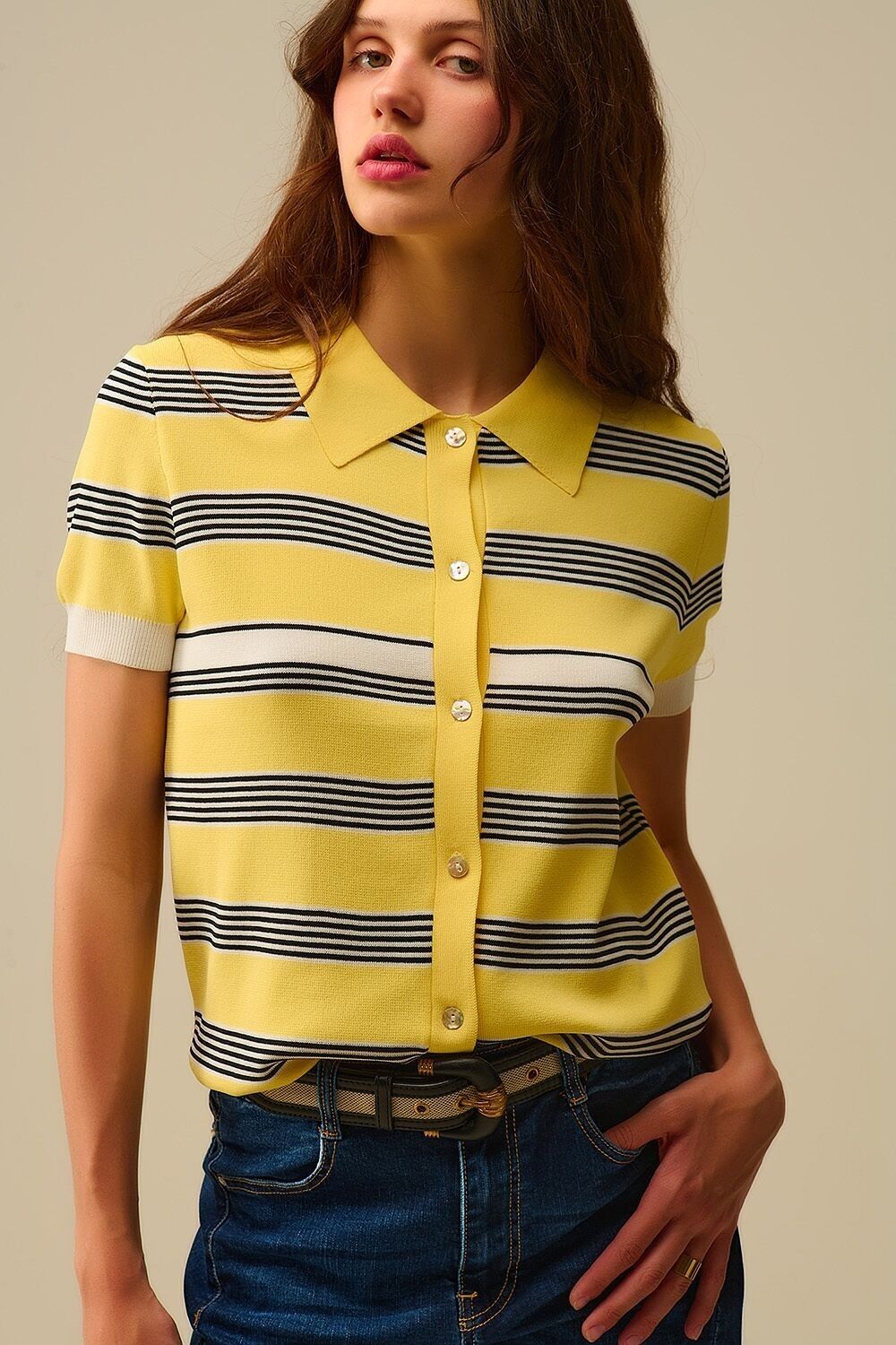 Yellow Striped Button-Up Polo