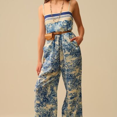 Tuta con stampa Toile de Jouy e spalline sottili