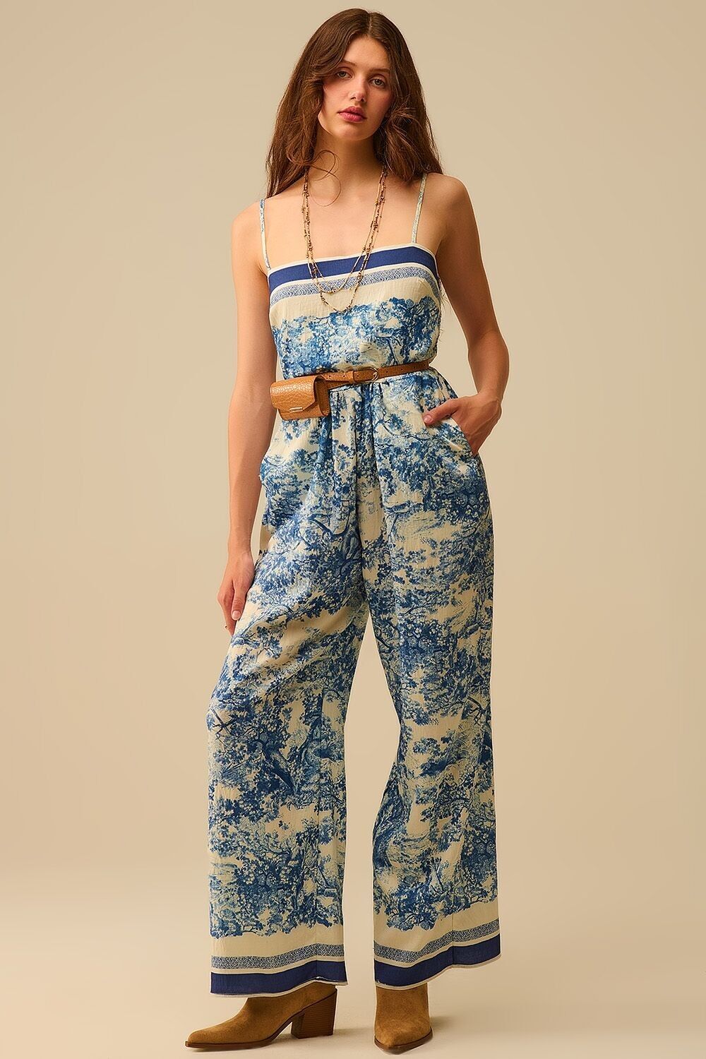 Toile de Jouy Print Jumpsuit with Thin Straps