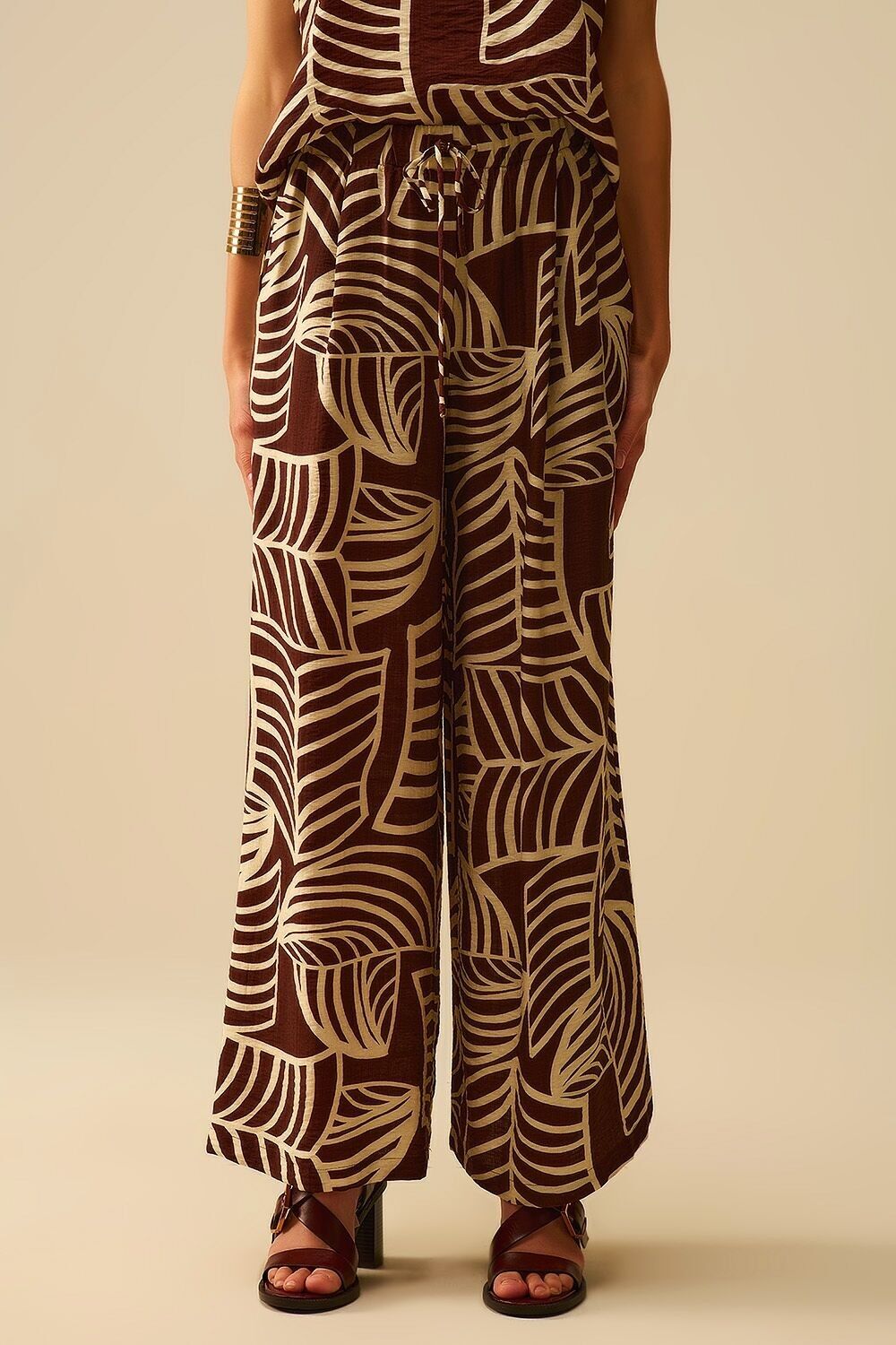 Brown Wide Leg Trousers with White Leaf Print