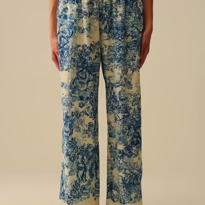Pantalon fluide imprimé toile de Jouy avec taille élastique
