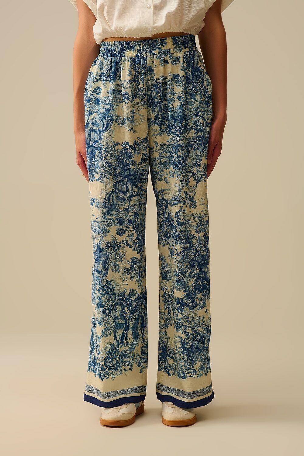 Flowy Toile de Jouy Printed Trousers with Elastic Waist