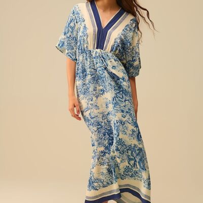 Abito fluido con scollo a V e stampa Toile de Jouy