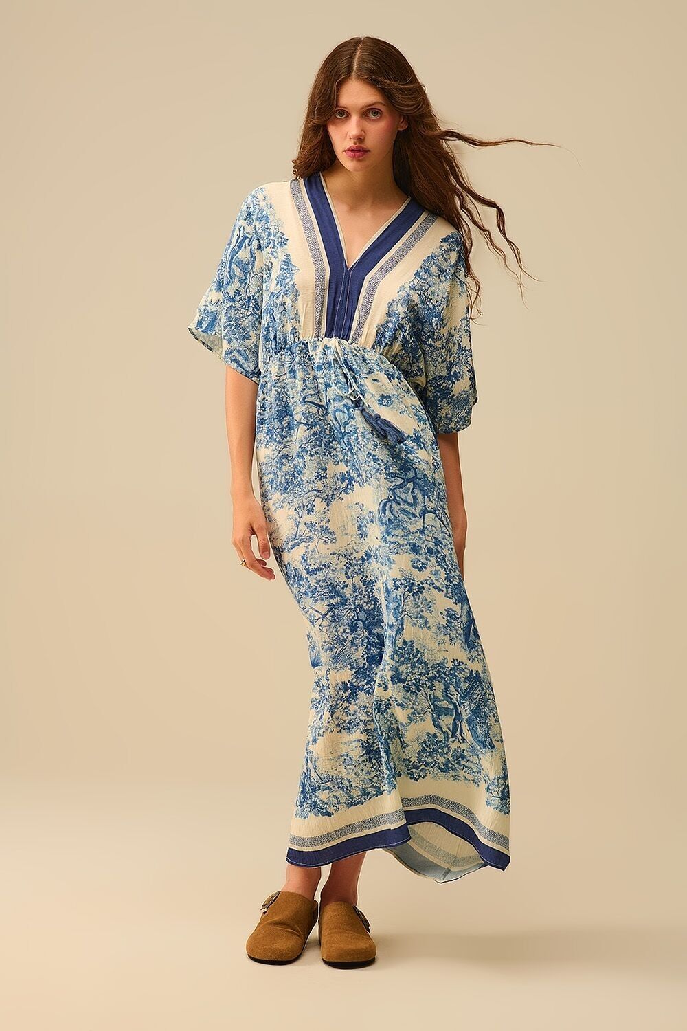 Flowy V-neck Dress with Toile de Jouy Print