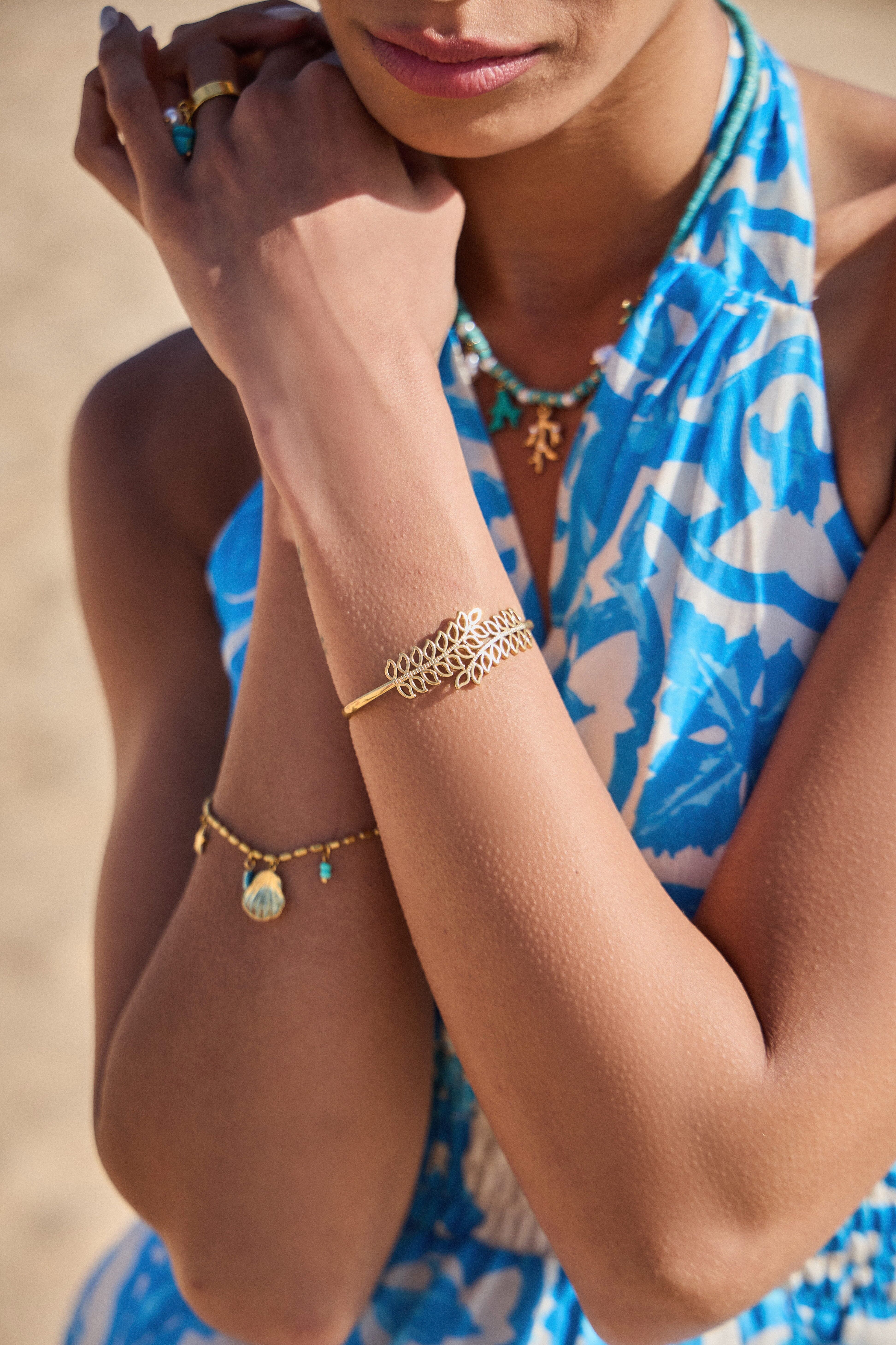 Bracelet fleur jonc ajustable en acier inoxydable – éclat de l'océan