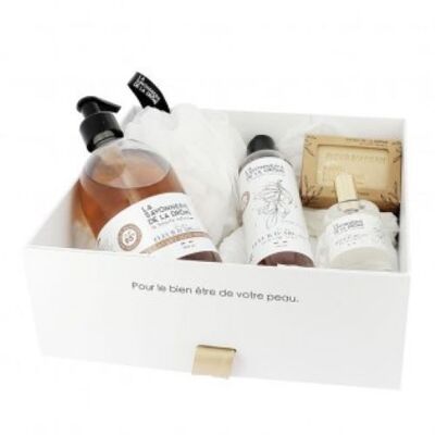 Set regalo al fiore di Argan Sapone mani 500ml / Docciaschiuma 250ml / Sapone profumato 100gr / Eau de Toilette 50ml / Docciaschiuma al fiore