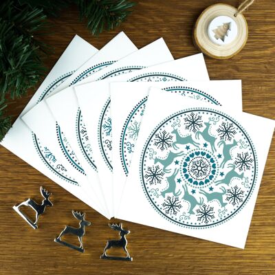 Circle of Reindeers, Blues, paquete de 6 tarjetas navideñas nórdicas.