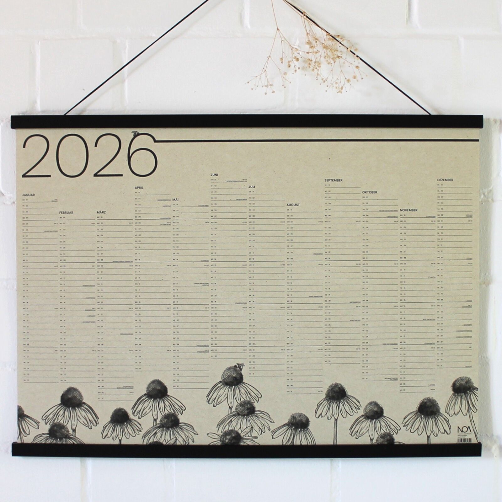Jahresplaner 2026 aus Graspapier, Motiv: Sonnenhut