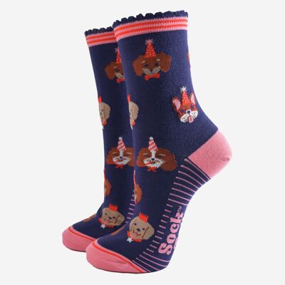 Chaussettes en bambou pour femmes - Bleu marine/rose, Party Dogs